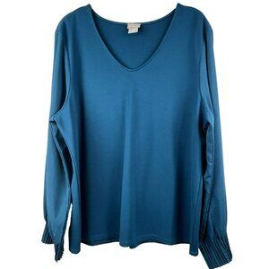 Chico's Top L Solid Blue Long Sleeve Gathered Cuffs Pullover Rayon Spandex Nylon